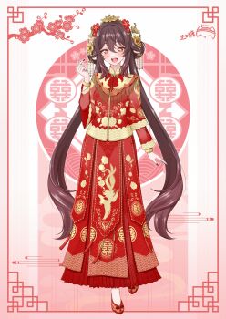 1girl :d alternate_costume artificial_flower artist_logo black_nails blush border bracelet brown_hair chinese_clothes clothing_request dated finger_heart fingernails flower flower-shaped_pupils full_body genshin_impact gradient_background gradient_hair hair_between_eyes hair_flower hair_ornament hair_rings highres hu_tao_(genshin_impact) jacket jewelry layered_sleeves logo long_fingernails long_hair long_skirt long_sleeves looking_at_viewer multicolored_hair nail_polish open_mouth pink_background pink_border ppshex red_eyes red_flower red_hair red_jacket red_shoes red_skirt shoes skirt smile solo standing symbol-shaped_pupils teeth upper_teeth_only very_long_hair white_background