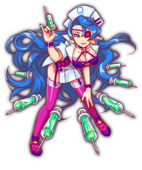 anime_coloring artist_request belt blue_eyes blue_hair blue_pupils bra bra_strap breasts choker cleavage closed_mouth collar collared_dress corset crash_fever cross-laced_clothes cross-laced_dress dress earrings eyelashes eyepatch floating floating_object full_body game_cg green_liquid hand_on_own_knee hannah_(crash_fever) hat high_heels holding holding_syringe jewelry lace lace-trimmed_corset lace-trimmed_thighhighs lace_trim large_breasts leaning_forward legs_apart lips long_hair medical_eyepatch mole mole_under_mouth nail_polish number_print numbered nurse nurse_cap official_art outline parted_bangs pink_corset pink_thighhighs print_headwear purple_belt purple_bra purple_choker purple_footwear purple_garter_straps red_nails red_outline short_dress short_sleeves single_hair_intake sleeve_cuffs sleeves_rolled_up smile solo square square_print standing strappy_heels syringe tachi-e thighhighs third-party_source transparent_background triangle_earrings triangle_ring underwear very_long_hair wavy_hair white_collar white_dress white_hat white_sleeves wrist_belt