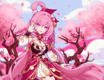 1girl bell blue_sky breasts cherry_blossoms chinese_commentary cleavage commentary_request diamond-shaped_pupils diamond_(shape) dress elysia_(herrscher_of_human:_ego)_(honkai_impact) elysia_(honkai_impact) elysia_(peachy_spring)_(honkai_impact) flower hair_bell hair_flower hair_ornament highres honkai_(series) honkai_impact_3rd large_breasts long_hair looking_at_viewer official_alternate_costume outdoors pink_hair purple_eyes qiu_youyou red_dress sky solo symbol-shaped_pupils very_long_hair
