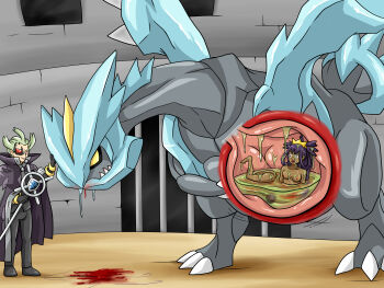 1boy 1girl absurdres acid bad_end ball_and_chain_restraint barefoot blood breasts cross-section dark-skinned_female dark_skin death defeat digesting_girl digestion dragon eating feet gen_5_pokemon ghetsis_(pokemon) guro hard_vore headpat highres inside_creature iris_(pokemon) krlitosss kyurem legendary_pokemon nintendo nude pokemon pokemon_(creature) pokemon_bw2 snuff stomach stomach_(organ) vore