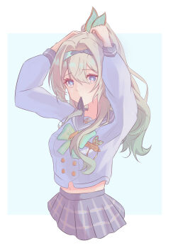 1girl absurdres belly bow bowtie buttons collared_shirt double-breasted firefly_(honkai:_star_rail) firefly_(spring_missive)_(honkai:_star_rail) gradient_hair green_bow green_bowtie green_pupils grey_hair grey_sailor_collar grey_skirt hair_between_eyes hair_intakes hair_tie_in_mouth hashtag-only_commentary highres honkai:_star_rail honkai_(series) horik_22 long_hair long_sleeves mouth_hold multicolored_eyes multicolored_hair navel pleated_skirt ponytail sailor_collar shirt simple_background skirt solo tying_hair white_background white_shirt white_sleeves