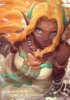 1girl absurdres armlet bare_shoulders blonde_hair breasts circlet copyright_name dark-skinned_female dark_skin dress earrings highres jewelry magatama magatama_necklace moyashi_mou2 necklace nintendo partially_submerged pointy_ears secret_stone solo sonia_(zelda) strapless strapless_dress the_legend_of_zelda the_legend_of_zelda:_tears_of_the_kingdom