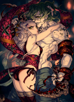 1boy 1girl ass bare_arms bare_shoulders black_nails blood breasts brother_and_sister colored_skin commentary_request daki_(kimetsu_no_yaiba) demon demon_boy demon_girl green_eyes green_hair gyuutarou_(kimetsu_no_yaiba) highres holding holding_weapon hug japanese_clothes kimetsu_no_yaiba kimono medium_breasts muscular muscular_male nail_polish nozoki_davis pale_skin panties pants red_panties revision sharp_teeth siblings side-tie_panties sideboob sleeveless smile tears teeth text_in_eyes thighhighs topless_male underwear veins weapon white_hair white_skin