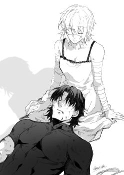 abs artist_name bandage_over_one_eye bandaged_arm bandages bare_shoulders black_shirt bleeding blood blood_from_mouth chemise claudia_hortensia collarbone commentary expressionless eyepatch faceless faceless_male facing_another fate/stay_night fate_(series) greyscale highres injury kotomine_kirei lap_pillow mct medical_eyepatch monochrome pectorals shadow shirt short_hair short_sleeves skin_tight smile spaghetti_strap tight_clothes tight_shirt toned toned_male