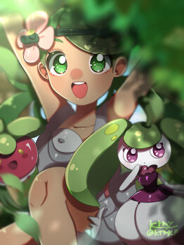 1girl :d absurdres arms_up artist_name blue_sky bounsweet commentary_request dark-skinned_female dark_skin flower gen_7_pokemon green_eyes green_hair green_headband hair_flower hair_ornament headband highres kurumiya_(krmy_p) long_hair mallow_(pokemon) nintendo open_mouth pink_flower pokemon pokemon_(creature) pokemon_sm purple_eyes sky smile steenee twintails