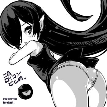 1girl ass backbeako_(torotei) backbeard bare_shoulders blush breasts commentary cowboy_shot dated dated_commentary dress from_behind gegege_no_kitarou greyscale hair_down hair_over_one_eye kono_lolicon_domome long_hair looking_at_viewer looking_back monochrome open_mouth original paid_reward_available panties pointy_ears simple_background sleeveless sleeveless_dress small_breasts solo torotei translated underwear very_long_hair watermark web_address wide_hips