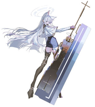 1girl android animal_ear_fluff animal_ears capelet crymachina full_body greatsword halo hayat_(crymachina) highres holding holding_weapon huge_weapon long_hair miniskirt official_art rolua science_fiction skirt solo sword very_long_hair weapon white_eyes white_hair