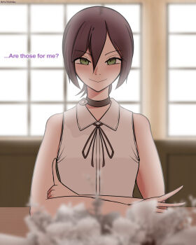 1girl absurdres artist_name black_choker black_ribbon blush breasts brown_hair chainsaw_man choker flower green_eyes grenade_pin hair_between_eyes highres koalakanru looking_at_viewer neck_ribbon pov reze_(chainsaw_man) ribbon shirt short_hair sitting sleeveless sleeveless_shirt smile solo table white_flower white_shirt