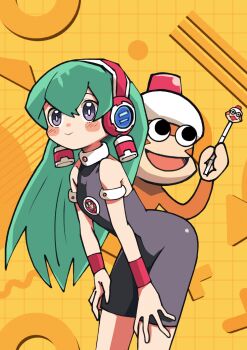 1girl android bare_shoulders batchgooya black_bodysuit blush_stickers bodysuit charu_(saru_getchu) closed_mouth green_hair highres long_hair looking_at_viewer monkey open_mouth purple_eyes robot_ears saru_getchu shorts skin_tight smile standing