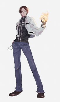 1boy black_gloves blue_pants brown_eyes brown_hair brown_shoes clenched_hand closed_mouth commentary_request cross cross_print denim fingerless_gloves fire full_body gloves hand_in_pocket highres jacket jeans kusanagi_kyou looking_at_viewer male_focus nahogiisio pants pyrokinesis shirt shoes short_hair simple_background smile smug solo standing the_king_of_fighters wallet_chain white_background white_jacket