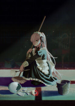 1girl absurdres apron black_dress black_flower black_shoes book book_stack broken_vase bucket chair commentary dress duster feather_duster flower frilled_apron frilled_dress frills from_side full_body grey_eyes grey_hair hair_flower hair_ornament hair_over_one_eye highres holding holding_duster holding_mop indoors isekaijoucho juliet_sleeves kamitsubaki_studio letterboxed loafers long_hair long_sleeves looking_at_viewer maid maid_headdress mop ponytail puffy_sleeves red_flower shoes solo squatting tonakai_nyamu very_long_hair virtual_youtuber white_apron wooden_chair