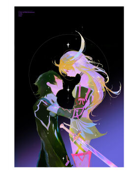 1boy 1girl ahoge bare_shoulders black_coat black_hair blonde_hair brown_eyes choker coat commentary detached_sleeves dio_knarf english_commentary eye_contact gloves height_difference highres jude_mathis long_hair looking_at_another looking_at_viewer milla_maxwell red_eyes second-party_source short_hair skirt sparkle sword tales_of_(series) tales_of_xillia weapon