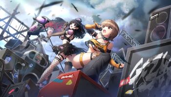 2girls amplifier asymmetrical_legwear bikini black_bra black_gloves black_hair black_thighhighs black_trim bra breasts brown_hair choker cleavage day dolphin_wave earrings elbow_gloves feather_earrings feathers fingerless_gloves fishnet_thighhighs fishnets frilled_skirt frills game_cg gloves hanihara_haru harness hat heavy_metal highres holding holding_microphone intravenous_drip iv_stand jewelry kamie_tsugumi large_breasts leaning_forward leg_warmers long_hair looking_at_viewer medium_hair microphone mismatched_legwear mismatched_thighhighs multicolored_hair multiple_girls nail_polish navel non-web_source nurse nurse_cap o-ring o-ring_harness o-ring_thigh_strap official_art ootomo_takuji open_mouth orange_shoes pink_bra pink_skirt puffy_short_sleeves puffy_sleeves purple_eyes purple_hair purple_streaks red_eyes red_nails shoes short_sleeves single_earring single_sidelock skirt smile sneakers spiked_choker spikes stage storm streaked_hair sunlight swimsuit thigh_strap thighhighs transparent_background two_side_up underwear
