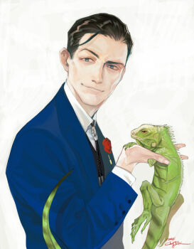 1boy animal black_hair black_vest blue_jacket chameleon collared_shirt ctkcave flower flower_on_chest formal_clothes hair_slicked_back holding holding_animal jacket jewelry looking_at_viewer loose_hair_strand male_focus mature_male necklace original red_flower red_rose rose shirt short_hair simple_background smirk solo suit suit_jacket vest white_background white_shirt
