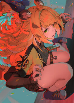 1girl animal_ears black_gloves black_shirt black_shorts blonde_hair bow claw_pose fingerless_gloves gloves green_eyes highres jacket ju_fufu looking_at_viewer mmk_(majinai_no_mori) open_mouth shirt shorts sideways solo squatting tail tail_bow tail_ornament thigh_strap tiger_ears tiger_girl tiger_stripes tiger_tail yellow_jacket zenless_zone_zero