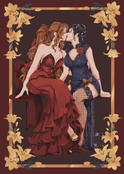 Rule 34 | 2girls, absurdres, aerith gainsborough, aerith gainsborough (red dress), animal print, black hair, breasts, china dress, chinese clothes, cleavage, cleavage cutout, closed eyes, clothing cutout, corsage, dress, final fantasy, final fantasy vii, final fantasy vii remake, fishnet thighhighs, fishnets, hair ornament, highres, invisible chair, jewelry, kiss, lace, lace-trimmed thighhighs, lace trim, leopard print, long dress, long hair, multiple girls, necklace, official alternate costume, official alternate hairstyle, red dress, red lips, shanlieart, sitting, strapless, strapless dress, tassel, tassel hair ornament, thighhighs, tifa lockhart, tifa lockhart (sporty dress), very long hair, yuri