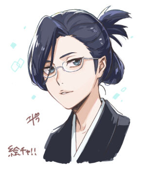 1girl black_hair bleach bleach:_sennen_kessen-hen blue_eyes commentary_request etranger140 folded_ponytail glasses ise_nanao light_smile parted_lips portrait signature solo translation_request