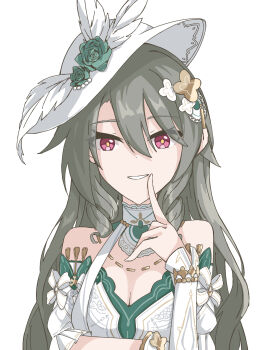 Rule 34 | 1girl, breasts, cleavage, commentary request, dress, flower, hair flower, hair ornament, hat, highres, honkai (series), honkai impact 3rd, large breasts, long hair, looking at viewer, official alternate costume, purple eyes, ramune (ramune 043785), simple background, smile, solo, very long hair, vita (honkai impact), white background, white dress, white hat