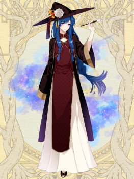 Rule 34 | 1boy, :d, arm at side, asukai fujihiko, blue hair, braid, braided sidelocks, brown coat, butterfly hat ornament, coat, crossdressing, crossdressing (mtf), dairoku ryouhei, dress, earrings, flower, full body, gold trim, hand up, hat, hat flower, hat ornament, hat ribbon, hat tassel, holding, holding paintbrush, jewelry, l (matador), long dress, long hair, long sleeves, looking at viewer, low-braided long hair, low-tied long hair, male focus, open-toe shoes, open clothes, open coat, open mouth, paint, paintbrush, patterned clothing, purple eyes, red dress, red hat, red ribbon, red shoes, ribbon, rose, shippou (pattern), shoes, sidelocks, sleeves past fingers, sleeves past wrists, smile, solo, standing, swept bangs, trap, very long hair, white dress, white flower, white rose, witch hat