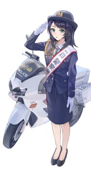1girl aiguillette alternate_costume bang_dream! bang_dream!_it&#039;s_mygo!!!!! black_shoes blacky1266859 blue_eyes blush collared_shirt commentary full_body gloves hat highres looking_at_viewer medium_hair motor_vehicle motorcycle parted_lips pencil_skirt police police_hat police_uniform policewoman salute sash shirt shoes shoulder_sash skirt solo standing white_gloves yahata_umiri