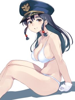 1girl bikini black_hair breasts brown_eyes commentary_request coveredcore gloves hair_ornament hat highres large_breasts long_hair looking_at_viewer mao_mao_(sonic_wings) mole mole_under_eye navel peaked_cap sidelocks sitting sonic_wings swimsuit thick_eyebrows white_background white_bikini white_gloves