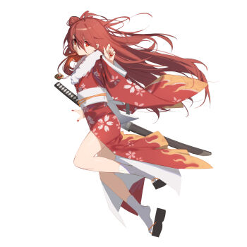 1girl ahoge alastor_(shakugan_no_shana) alternate_costume alternate_hairstyle cherry_blossom_print chinese_commentary closed_mouth commentary_request eyes_visible_through_hair floating_clothes floating_hair floral_print floral_print_kimono from_side full_body fur-trimmed_kimono fur_trim hair_between_eyes hair_bun hand_up highres japanese_clothes jewelry katana kimono long_hair long_sleeves looking_at_viewer nail_polish newflame partial_commentary pendant print_kimono red_eyes red_hair red_kimono red_nails sandals sash shakugan_no_shana shana simple_background single_side_bun socks solo sword tsurime v-shaped_eyebrows very_long_hair weapon white_background white_sash white_socks wide_sleeves yukata