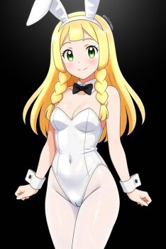 1girl alexkonakona animal_ears black_background black_bow black_bowtie blonde_hair blush bow bowtie cameltoe closed_mouth commentary covered_navel cowboy_shot detached_collar eyelashes fake_animal_ears green_eyes hairband leotard lillie_(pokemon) long_hair nintendo pantyhose playboy_bunny pokemon pokemon_sun_and_moon rabbit_ears simple_background smile solo split_mouth white_hairband white_leotard white_pantyhose wrist_cuffs