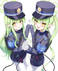 Rule 34 | 2girls, absurdres, arch a4, armband, bag, black hat, black jacket, black shorts, black skirt, blue archive, blue armband, blush, buttons, demon tail, double-breasted, fang, gloves, green hair, green halo, halo, hands up, hat, highres, hikari (blue archive), holding hands, jacket, long hair, long sleeves, looking at viewer, miniskirt, multiple girls, nozomi (blue archive), open mouth, pantyhose, peaked cap, pleated skirt, pointy ears, short shorts, shorts, shoulder bag, sidelocks, simple background, skin fang, skirt, smile, tail, twintails, white background, white gloves, white pantyhose, yellow eyes