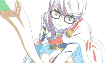 1girl arm_at_side arrow_(projectile) artist_name belt black-framed_eyewear blue_jacket bow_(weapon) chromatic_aberration closed_mouth collared_shirt feet_out_of_frame from_above fur-trimmed_jacket fur_trim glasses green_eyes hair_between_eyes hand_up highres holding holding_arrow holding_bow_(weapon) holding_weapon hoshimi_junna ikutsu jacket jacket_on_shoulders knee_up long_hair long_sleeves looking_at_viewer looking_up low_side_ponytail miniskirt outstretched_arm pleated_skirt purple_hair red_jacket red_sash sash shadow shirt shoujo_kageki_revue_starlight shoulder_sash side_ponytail simple_background sitting skirt solo v-shaped_eyebrows weapon white_background white_shirt white_skirt yellow_belt