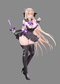 1girl absurdres azur_lane black_boots black_dress blonde_hair boots bow breasts changgong8745 cleavage commentary_request detached_collar dress full_body grey_background hair_between_eyes high_heel_boots high_heels highres holding implacable_(azur_lane) large_breasts long_hair long_hair_between_eyes looking_at_viewer magical_girl microdress purple_bow simple_background solo thigh_boots variant_set very_long_hair
