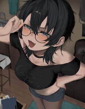 1girl adjusting_eyewear black_choker black_hair black_shirt blue_eyes blue_shorts blush choker commentary couch crop_top face_piercing fang feet_out_of_frame from_above glasses highres indoors lip_piercing looking_at_viewer notebook off-shoulder_shirt off_shoulder open_mouth original piercing print_shirt shirt short_hair shorts sink solo stool ti28domiro