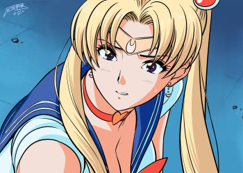 Rule 34 | 1girl, bishoujo senshi sailor moon, bishoujo senshi sailor moon s, blonde hair, blue background, blue eyes, blue sailor collar, bow, bowtie, breasts, choker, circlet, cleavage, crescent, crescent earrings, derivative work, earrings, female focus, from side, hair ornament, heart, heart choker, highres, jewelry, magical girl, medium breasts, meme, parted bangs, parted lips, red bow, red bowtie, red choker, sailor collar, sailor moon, sailor moon redraw challenge (meme), school uniform, screenshot redraw, serafuku, signature, solo, sweatdrop, tatsunami youtoku, tsukino usagi, twintails, upper body