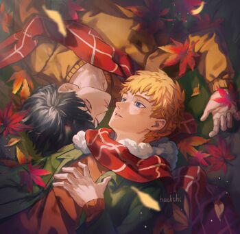 2boys autumn_leaves black_hair blazer blonde_hair blue_eyes blush closed_eyes closed_mouth commentary haekchi hanazawa_teruki highres jacket kageyama_shigeo leaf looking_at_another male_focus mob_psycho_100 multiple_boys orange_sweater parted_lips red_scarf scarf short_hair sweater teeth upper_body yaoi