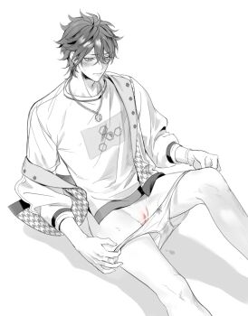 1boy absurdres amagi_rinne bar_censor censored closed_mouth commentary_request cuntboy donburi_rn earrings embarrassed ensemble_stars! greyscale highres jewelry korean_commentary male_focus monochrome necklace no_pants panties panty_pull pointless_censoring protected_link pulling_own_clothes pussy pussy_juice shirt short_hair solo underwear wet wet_clothes wet_panties