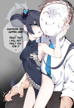 1boy 1girl bare_arms black_dress black_hair blue_archive blue_necktie breasts butterfly_hair_ornament china_dress chinese_clothes closed_mouth doodle_sensei_(blue_archive) dragon_print dress english_text gen_(unzzenasd) grey_eyes grey_halo hair_bun hair_ornament halo hand_grab hand_on_another's_face hetero highres kisaki_(blue_archive) loli long_hair looking_at_another necktie open_mouth pelvic_curtain sensei_(blue_archive) shirt sleeveless sleeveless_dress small_breasts speech_bubble teasing thighs trembling twintails white_shirt