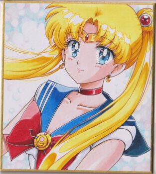 bishoujo_senshi_sailor_moon blue_eyes blue_sailor_collar bow bowtie chikoto_(kztc4472) choker circlet collarbone crescent crescent_earrings double_bun earrings gem hair_bun hair_ornament highres jewelry lips looking_at_viewer parted_bangs red_bow red_bowtie red_choker red_gemstone sailor_collar sailor_moon shirt smile traditional_media transformation_brooch_(sailor_moon) tsukino_usagi twintails white_shirt