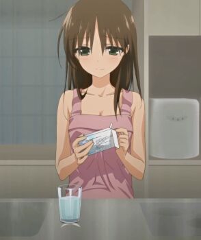 1girl a_glass_of_water anime_screenshot blush brown_hair green_eyes highres in_the_kitchen loli oyasumi_sex short_hair sleeping_pills sleeping_shirt solo standing stitched third-party_edit tsukioka_yui