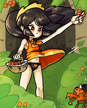 ! 1boy 1girl absurdres ashley_(warioware) basket berry black_hair black_panties blue_eyes blush brooch brown_pants bulge bush colored_skin demon demon_boy demon_horns demon_tail demon_wings dress erection erection_under_clothes flower food fruit hairband heart heart_print highres hinaz1 holding holding_basket horns jewelry loli long_hair navel neckerchief nintendo open_mouth orange_neckerchief panties pants picking_fruit pointy_ears print_panties red_(warioware) red_dress red_eyes red_skin skull skull_brooch sleeveless sleeveless_dress standing surprised tail tree twintails underwear warioware wind wind_lift wings