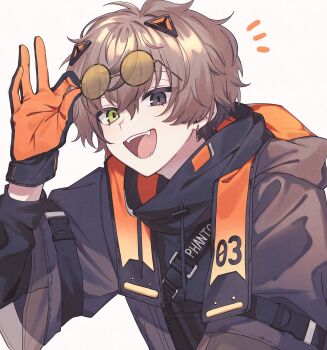 1boy adjusting_eyewear alban_knox animal_ears bishounen black_eyes black_jacket brown_hair cat_boy cat_ears eyewear_on_head fang gloves green_eyes hair_between_eyes hand_up heterochromia highres jacket kyomu_(rwv0p) looking_at_viewer male_focus nijisanji nijisanji_en open_mouth orange_gloves short_hair simple_background solo upper_body white_background