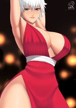 1girl armpits artist_name bleach breasts closed_mouth female_focus highres kotetsu_isane large_breasts lips looking_at_viewer rocky-ace short_hair thighs white_hair wide_hips