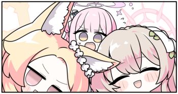 3girls :d ^_^ animal_ear_fluff animal_ears blonde_hair blue_archive blue_flower blush_stickers braid brown_eyes brown_hair chibi closed_eyes crown_braid flower flying_sweatdrops fox_ears hair_between_eyes hair_flower hair_ornament halo jitome mika_(blue_archive) miranofuudoria multiple_girls nagisa_(blue_archive) open_mouth pink_eyes pink_hair seia_(blue_archive) smile white_background white_flower