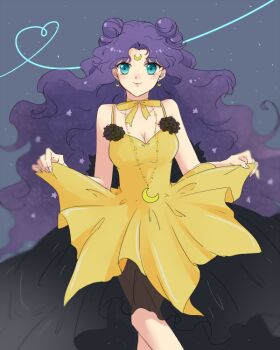 Rule 34 | 1990s (style), 1girl, bare shoulders, bishoujo senshi sailor moon, bishoujo senshi sailor moon s, blue eyes, blurry, choker, clothes grab, crescent, crescent facial mark, crescent necklace, double bun, dress, facial mark, female focus, forehead mark, hair bun, heart, heart of string, hiki-wota, jewelry, long hair, luna (sailor moon), luna (sailor moon) (human), necklace, parted bangs, retro artstyle, ribbon choker, solo, very long hair, wavy hair, yellow dress