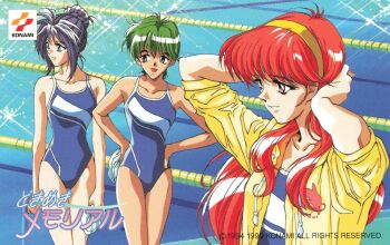 1990s_(style) 3girls arms_behind_head arms_up blue_eyes blue_hair blue_one-piece_swimsuit competition_swimsuit copyright_notice fujisaki_shiori green_eyes green_hair hairband hands_on_own_hips katagiri_ayako kiyokawa_nozomi konami logo long_hair multiple_girls non-web_source official_art one-piece_swimsuit open_mouth pool red_eyes red_hair retro_artstyle scan short_hair smile standing swimsuit tokimeki_memorial tokimeki_memorial_1 updo water yellow_hairband