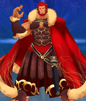 Rule 34 | 1boy, armor, armored skirt, bara, beard, belt, biceps, blue background, cape, chest armor, chest belt, chest plate, dust, facial hair, fate/grand order, fate (series), frown, gauntlets, gladius, hand up, iskandar (fate), karakuraax, large pectorals, long skirt, male focus, mature male, muscular, muscular arms, muscular male, open mouth, pectoral cleavage, pectorals, red eyes, red hair, sandals, scabbard, sheath, skirt, smile, solo, spiked hair, sword, tan, teeth, thick eyebrows, tongue, veins, veiny arms, weapon