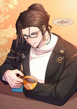 Rule 34 | 1boy, arm on table, beard stubble, bespectacled, black coat, blue hands, brown hair, coat, coffee, coffee mug, colored extremities, commentary, cup, drinking glass, earrings, english commentary, english text, facial hair, glasses, green eyes, grin, hair bun, highres, holding, holding cup, holostars, holostars english, jewelry, josuiji shinri, josuiji shinri (2nd costume), lapel pin, lapels, long sleeves, male focus, mug, official alternate costume, official alternate hairstyle, open clothes, open shirt, orange background, pin, senza0813, smile, solo, stubble, sweater, table, turtleneck, turtleneck sweater, upper body, virtual youtuber, white sweater, wooden table