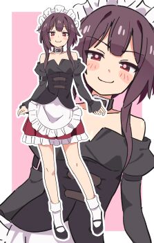 1girl absurdres apron bare_shoulders belt_collar blush breasts collar collarbone dress frilled_dress frills highres kono_subarashii_sekai_ni_shukufuku_wo! long_sidelocks looking_at_viewer maid maid_apron megumin noyama_takenoko purple_hair red_eyes shoes sidelocks skindentation small_breasts smile socks standing white_socks zoom_layer