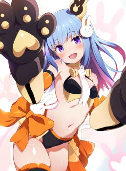 1girl :d animal_hands bare_shoulders black_bra black_gloves black_panties black_thighhighs blue_hair bow bow_panties bra breasts choker colored_inner_hair commentary_request commission cosplay cowboy_shot elbow_gloves frame_arms_girl gloves hair_ornament hands_up headgear highres ko_pot-au-feu long_hair looking_at_viewer magical_baselard megami_device multicolored_hair navel open_mouth orange_bow orange_gloves panties paw_gloves puni_mofu_tu puni_mofu_tu_(cosplay) purple_eyes purple_hair rabbit_hair_ornament skeb_commission skindentation small_breasts smile solo stomach thighhighs two-tone_hair underwear underwear_only yellow_choker