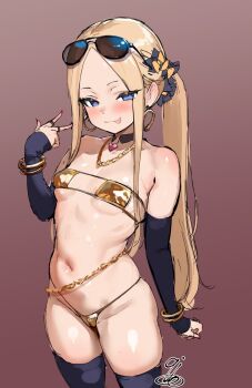 1girl 9is abigail_williams_(fate) bare_shoulders belly_chain bikini black_bow black_thighhighs blonde_hair blue_eyes blush bow breasts choker commentary_request detached_sleeves earrings fate/grand_order fate_(series) forehead gold_bikini hair_bow highres hoop_earrings jewelry long_hair looking_at_viewer navel necklace orange_bow parted_bangs ponytail small_breasts smile solo swimsuit thighhighs thighs tongue tongue_out