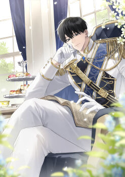 1boy absurdres black_eyes black_hair bloom blue_sash book brooch cake chair coat crossed_legs curtains desert donut elbow_rest epaulettes feet_out_of_frame flower food food_stand gloves gold_trim hand_on_own_chin head_rest head_tilt highres jewelry kim_dokja light_particles lily_(flower) looking_at_viewer male_focus official_alternate_costume omniscient_reader&#039;s_viewpoint open_book plant ricardo_von_kaizenix sash short_hair smile solo tanppopo9 white_coat white_gloves window