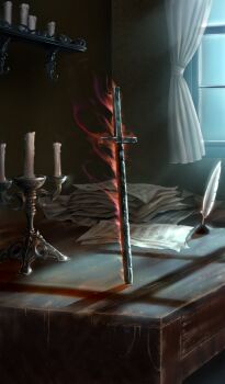 brown_theme candle candlestand commentary curtains fate/grand_order fate_(series) fire indoors light_rays moonbeam moonlight no_humans official_art paper paper_stack planted planted_sword planted_weapon quill scenery sheet_music still_life sword tatsuyo third-party_source weapon weapon_focus window